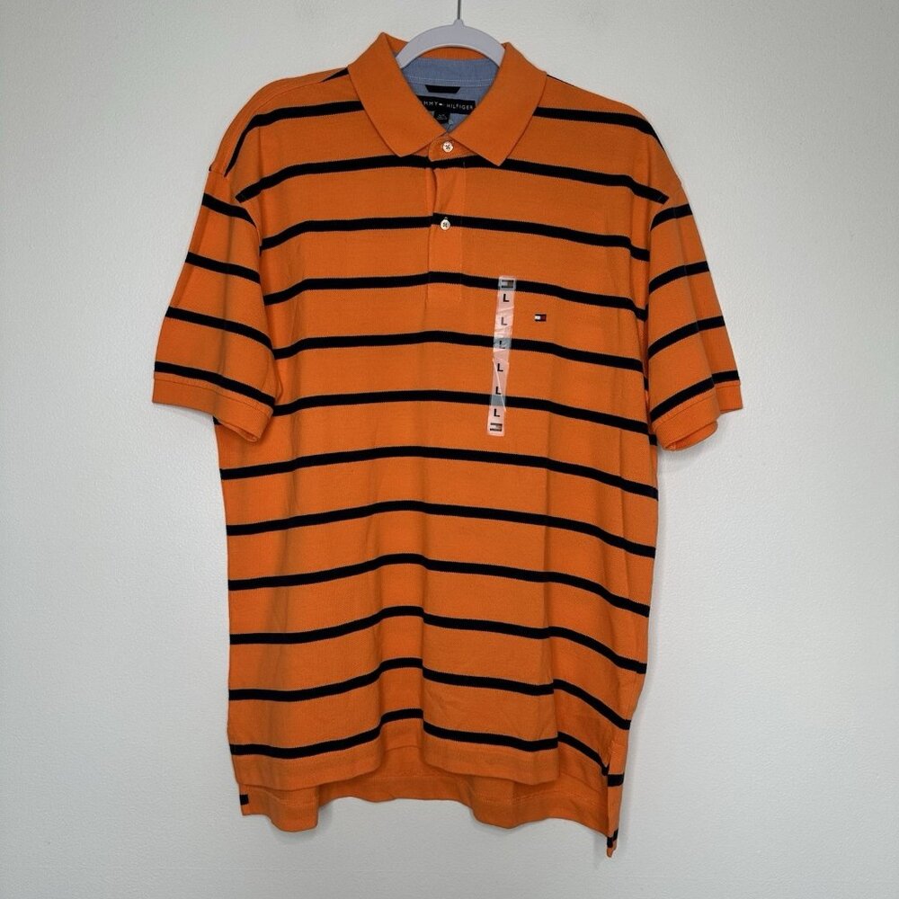 Tommy‎ Hilfiger Polo Shirt Orange Navy Blue Stripe Rugby Large